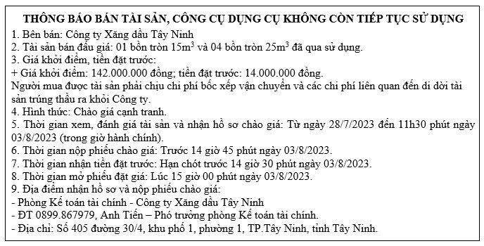 Thông báo chào giá thanh lý bồn chứa xăng dầu đã qua sử dụng.