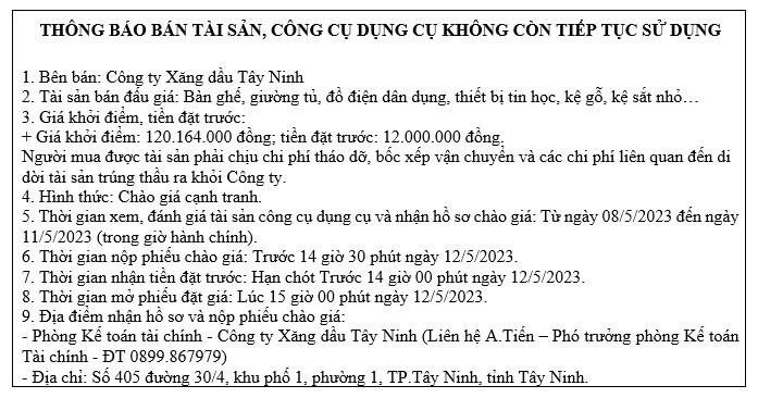 Thông báo bán tài sản, công cụ dụng cụ không còn tiếp tục sử dụng
