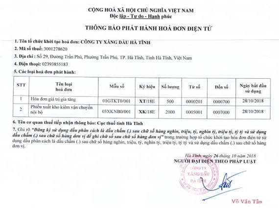 Thông báo phát hành hóa đơn điện tử