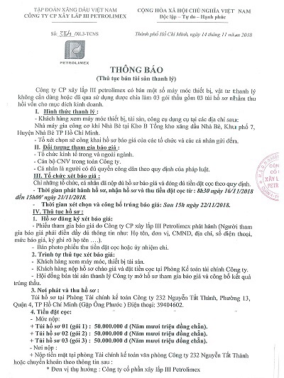 Thông báo thủ tục bán tài sản thanh lý