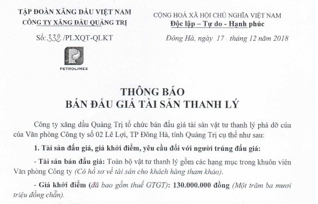 Thông báo Bán đấu giá tài sản thanh lý