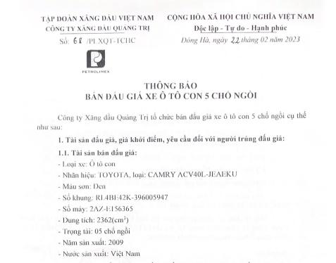 Thông báo bán đấu giá xe ô-tô con 5 chỗ ngồi