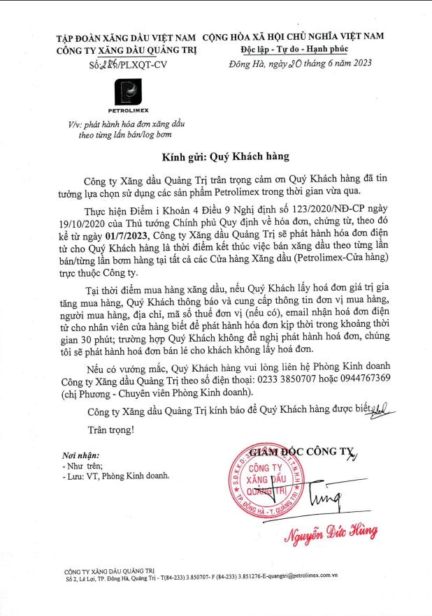 Phát hành hóa đơn xăng dầu theo từng lần bán/log bơm