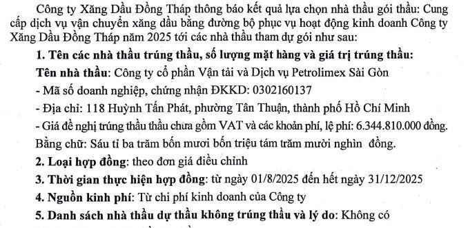 Thông báo kết quả lựa chọn nhà thầu cung cấp dịch vụ vận chuyển xăng dầu bằng đường bộ phục vụ hoạt động kinh doanh Công ty Xăng dầu Đồng Tháp năm 2025
