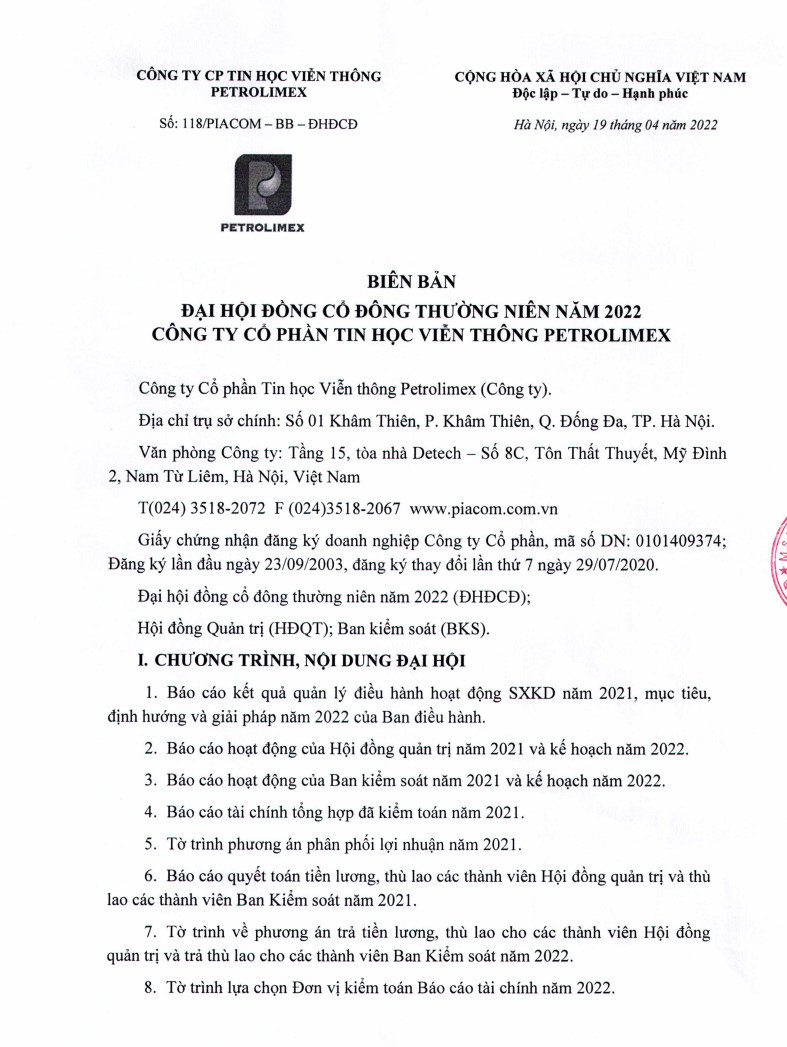 Biên bản họp Đại hội đồng cổ đông thường niên năm 2022