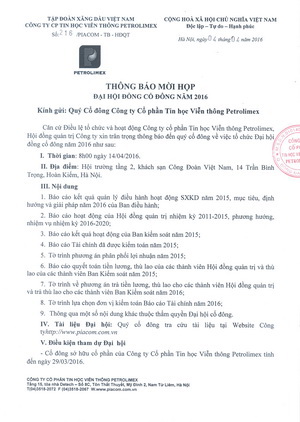 Thông báo mời họp Đại hội đồng cổ đông năm 2016