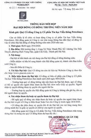 Thông báo mời họp Đại hội Đồng cổ đông thường niên năm 2020