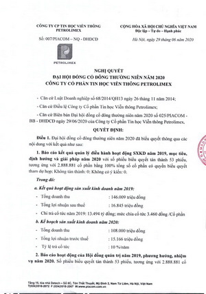 Nghị quyết Đại hội đồng Cổ đông Thường niên năm 2020 Công ty Cổ phần Tin học Viễn thông Petrolimex