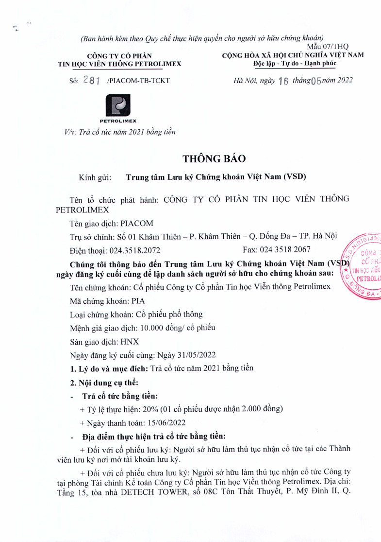 Thông báo trả cổ tức năm 2021 bằng tiền