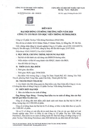 Biên bản Đại hội đồng cổ đông thường niên năm 2020 Công ty Cổ phần Tin học Viễn thông Petrolimex