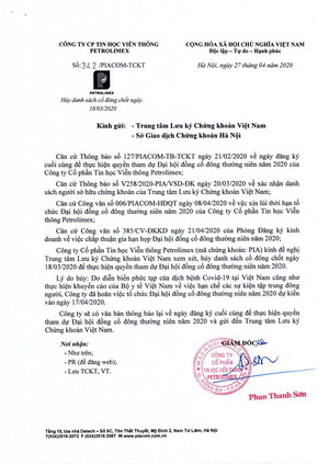 Hủy danh sách Cổ đông chốt ngày 18/03/2020