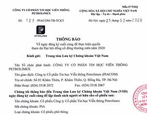 Thông báo về việc đăng ký cuối cùng để thực hiện quyền tham dự Đại hội đồng cổ đông thường niên năm 2020