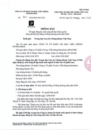 Thông báo về ngày đăng ký cuối cùng để thực hiện quyền tham dự Đại hội đồng cổ đông thường niên năm 2020