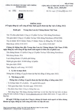 Thông báo về ngày đăng ký cuối cùng để thực hiện quyền tham dự Đại hội cổ đông năm 2022