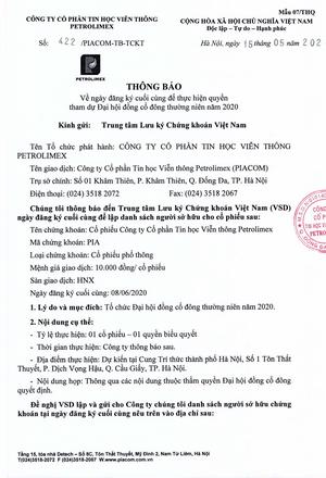 Thông báo lại về ngày đăng ký cuối cùng để thực hiện quyền tham dự tổ ĐHĐCĐ thường niên năm 2020