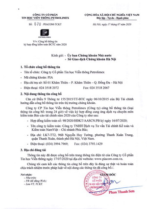 Công bố thông tin ký hợp đồng kiểm toán BCTC năm 2020