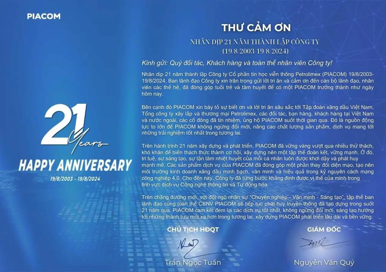 Thank you letter from PIACOM's Board of Directors to Partners, Customers and All Employees on the occasion of the 21st Anniversary of the Company's Establishment (August 19, 2003 - August 19, 2024)