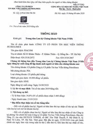 Thông báo chi trả cổ tức năm 2019