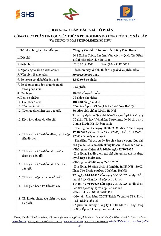 THÔNG BÁO BÁN ĐẤU GIÁ CỔ PHẦN