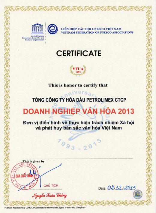 Tổng công ty Hóa dầu Petrolimex - Doanh nghiệp văn hóa UNESCO năm 2013