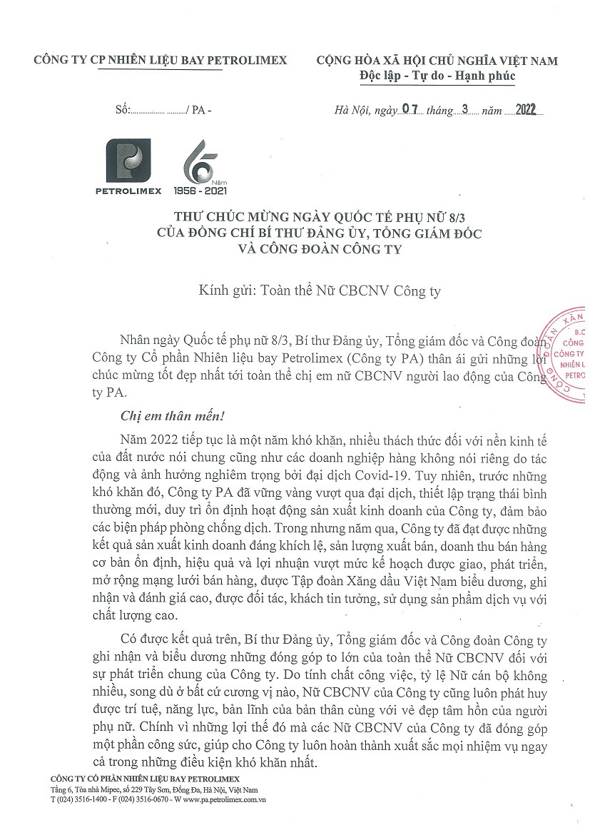 Thư chúc mừng ngày Quốc tế Phụ nữ 8/3