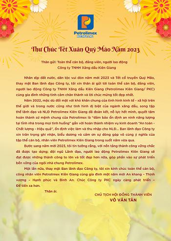 Thư chúc Tết Xuân Quý Mão của Chủ tịch HĐTV Petrolimex Kiên Giang
