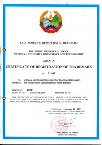 Certificate of registration of trademark in Lao No 21547