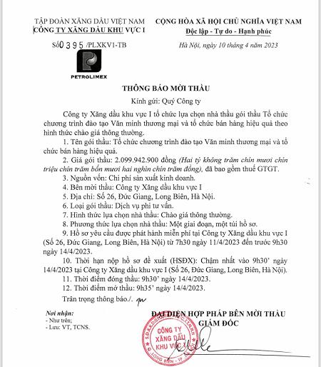 Thông báo mời thầu gói thầu "Tổ chức chương trình đào tạo Văn minh thương mại và tổ chức bán hàng hiệu quả"