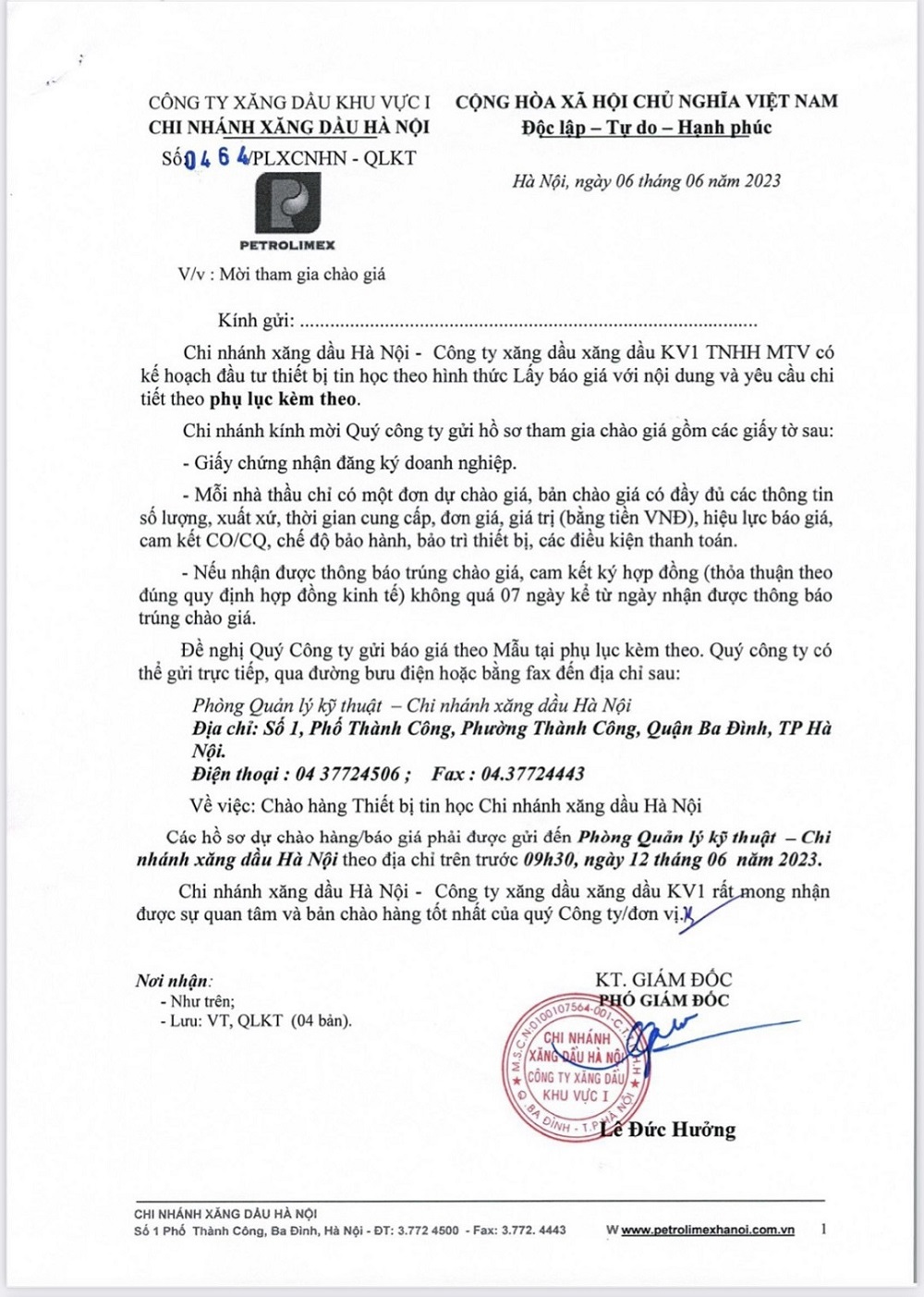 Thư mời tham gia chào giá