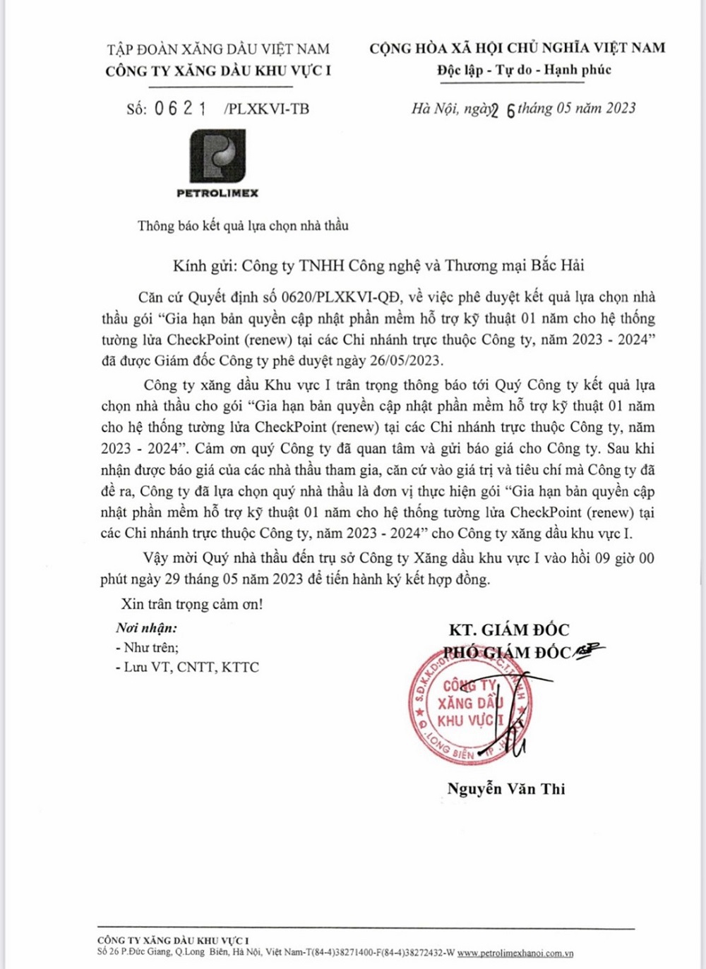 Thông báo kết quả lựa chọn nhà thầu