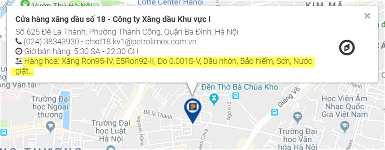 CHXD Petrolimex trên Google map đã cập nhật RON 95