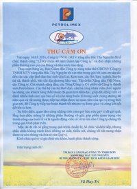 Thư cảm ơn kỷ niệm 40 năm thành lập Công ty
