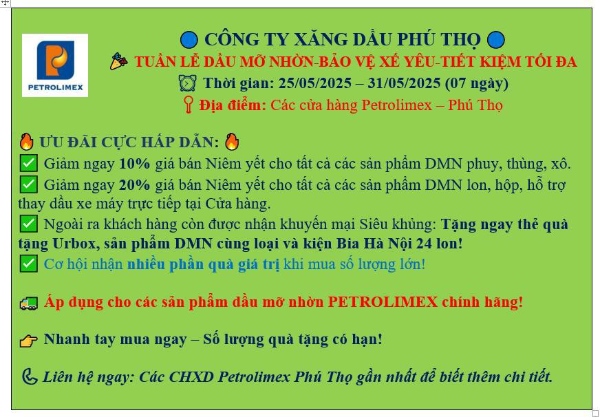 Công ty Xăng dầu Phú Thọ tổ chức “Tuần lễ dầu mỡ nhờn bảo vệ xế yêu tiết kiệm tối đa” tại tất cả các Cửa hàng Xăng dầu, Gas, DMN trực thuộc kể từ ngày 25/05/2025 đến hết ngày 31/05/2025.