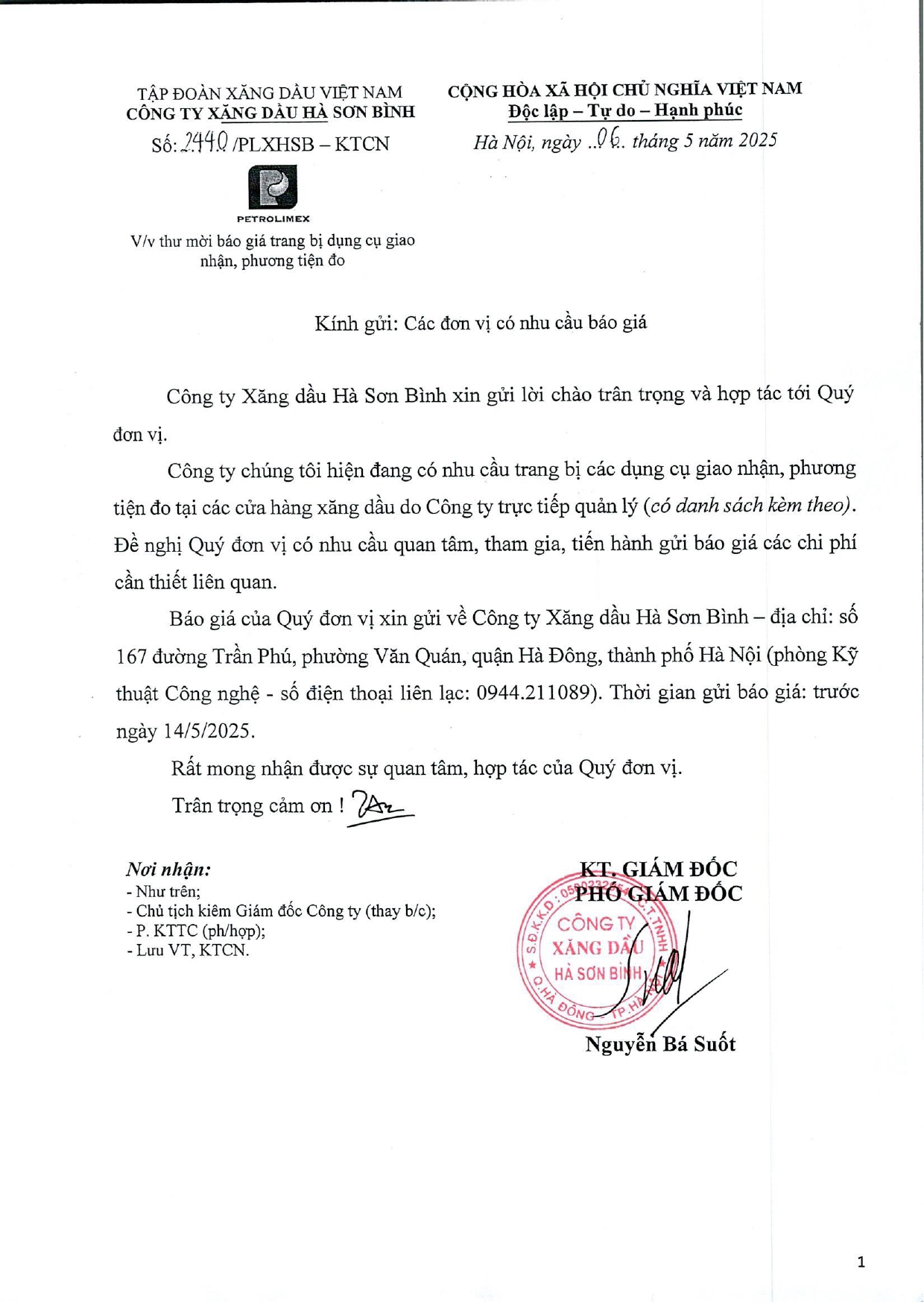 Thư mời báo giá "Trang bị dụng cụ giao nhận, phương tiện đo"