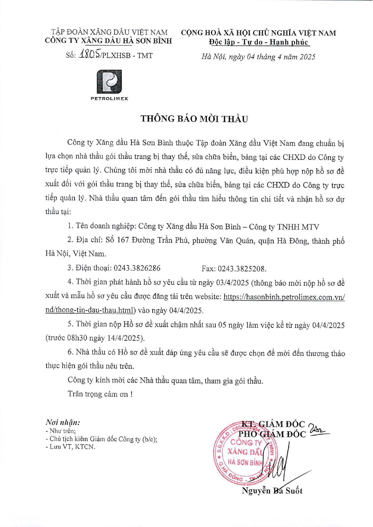 Thông báo mời thầu Gói thầu trang bị thay thế, sửa chữa biển, bảng tại các CHXD do Công ty trực tiếp quản lý