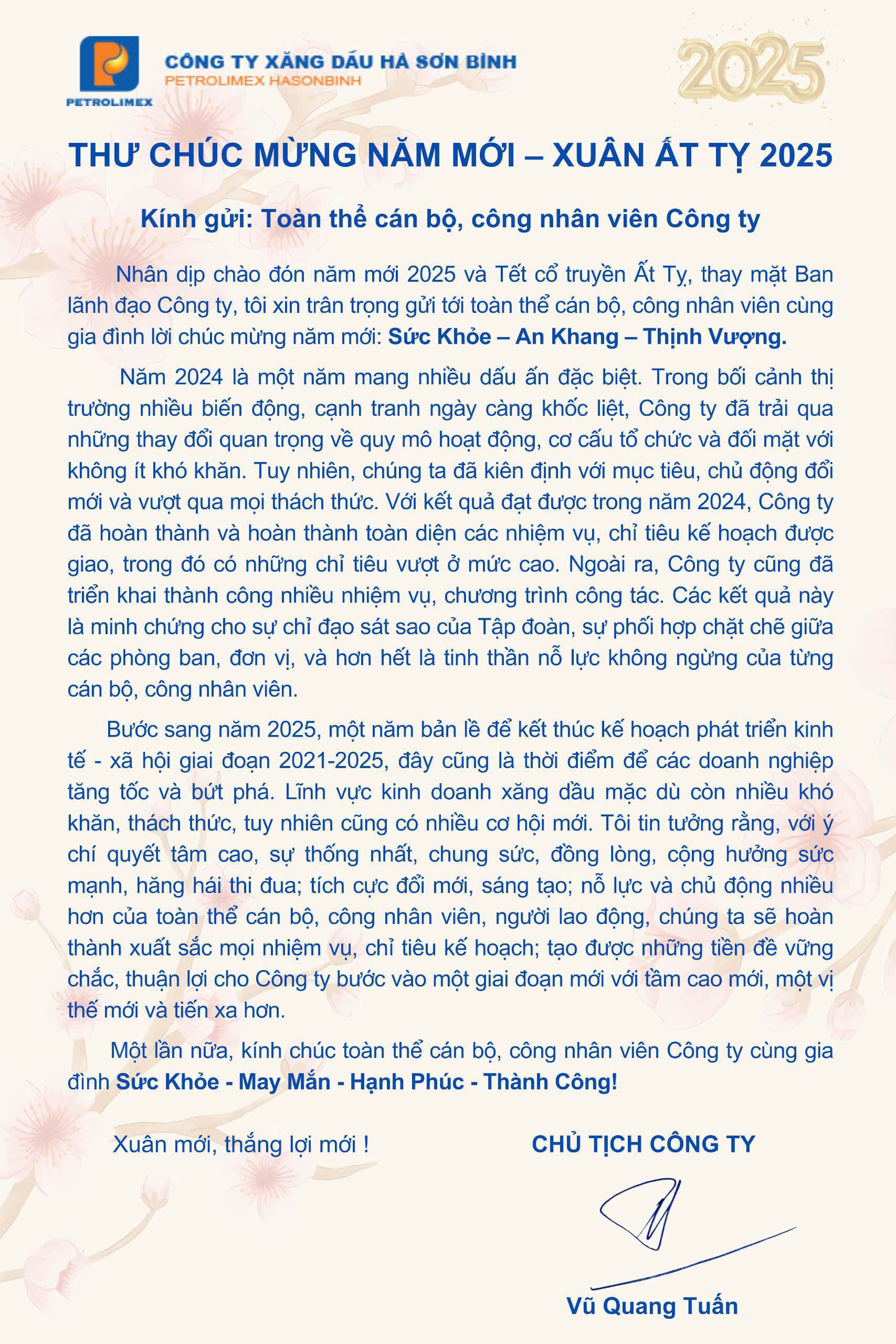 THƯ CHÚC MỪNG NĂM MỚI - XUÂN ẤT TỴ 2025
