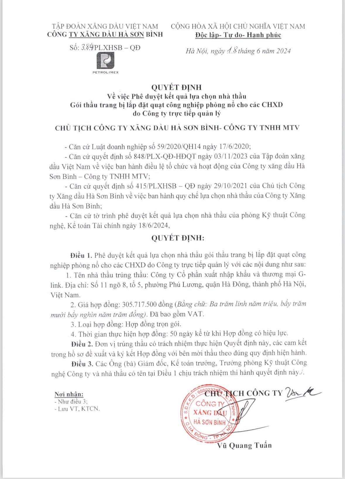 Thông báo kết quả lựa chọn nhà thầu Gói thầu trang bị lắp đặt quạt công nghiệp phòng nổ cho các CHXD do Công ty trực tiếp quản lý
