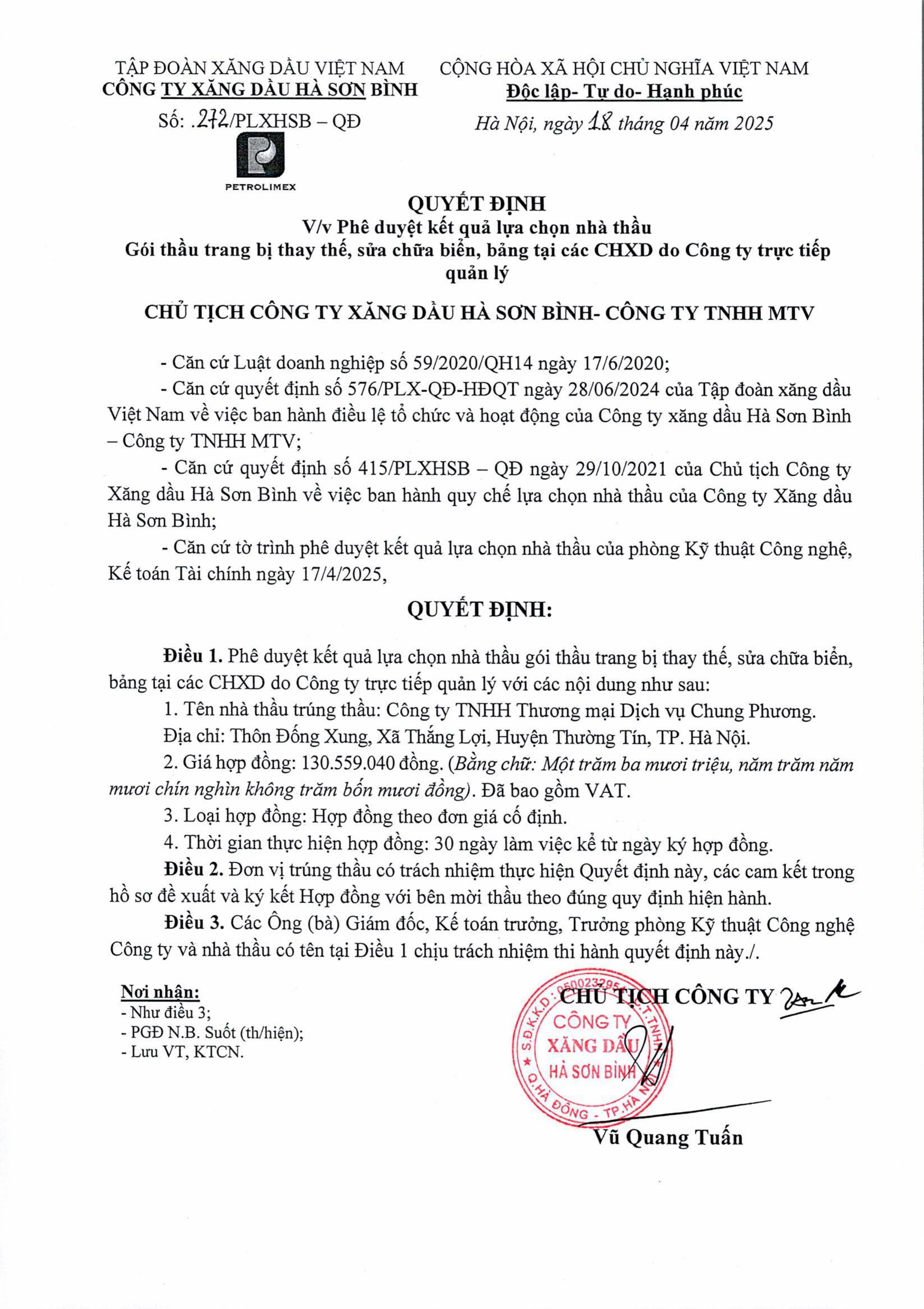Thông báo kết quả lựa chọn nhà thầu gói thầu trang bị thay thế, sửa chữa biển, bảng tại các CHXD do Công ty trực tiếp quản lý