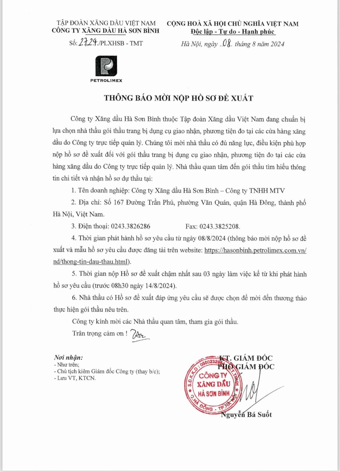Thông báo mời thầu Gói thầu trang bị dụng cụ giao nhận, phương tiện đo tại các cửa hàng xăng dầu do Công ty trực tiếp quản lý