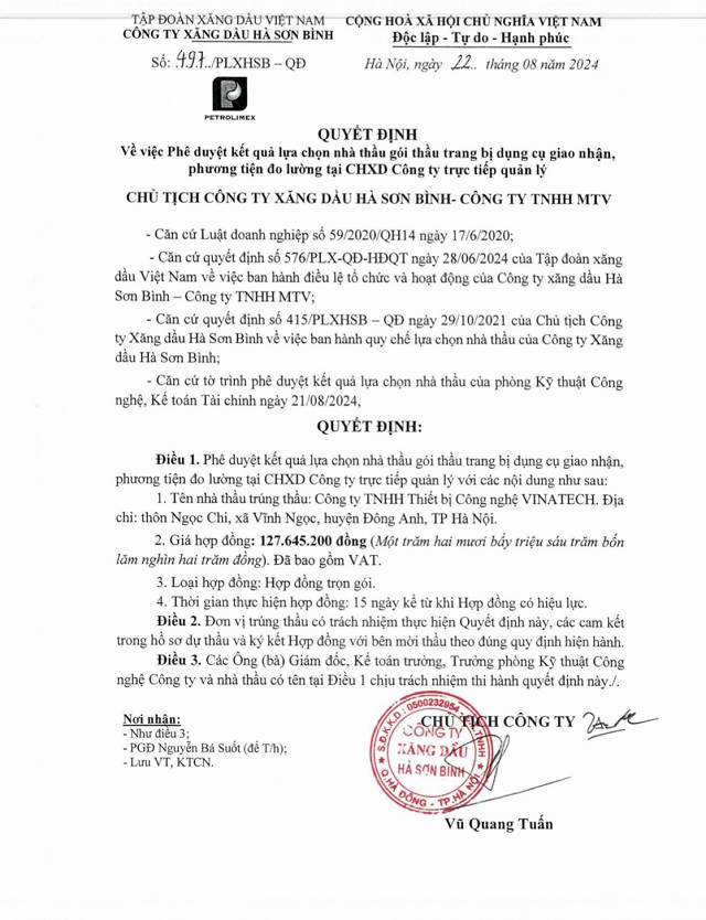 Thông báo kết quả lựa chọn nhà thầu gói thầu trang bị dụng cụ giao nhận, phương tiện đo lường tại CHXD Công ty trực tiếp quản lý
