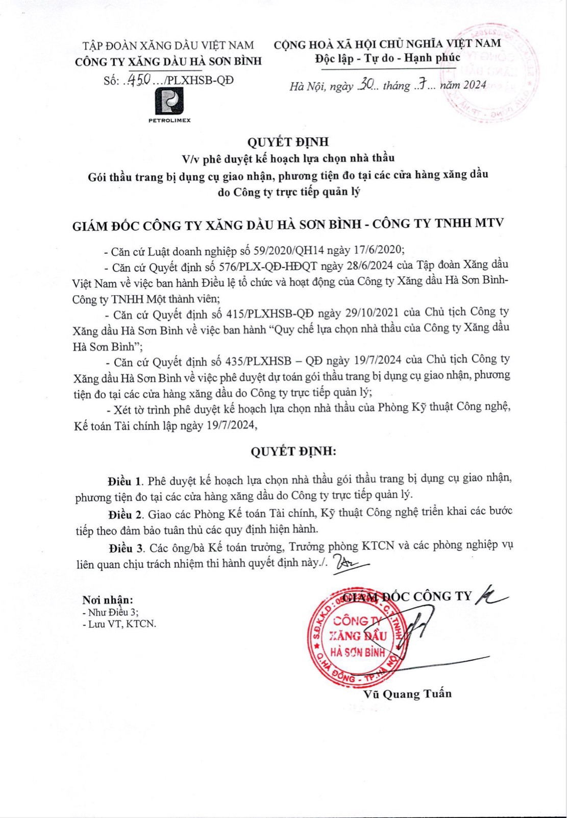 Quyết định phê duyệt kế hoạch lựa chọn nhà thầu Gói thầu trang bị dụng cụ giao nhận, phương tiện đo tại các cửa hàng xăng dầu  do Công ty trực tiếp quản lý