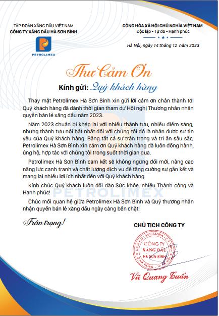 Thư cảm ơn Quý khách hàng