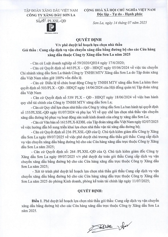 QĐ về việc phê duyệt kế hoạch lựa chọn nhà thầu gói thầu Cung cấp dịch vụ vận chuyển xăng dầu bằng đường bộ cho các CHXD thuộc Công ty Xăng dầu Sơn La Năm 2025