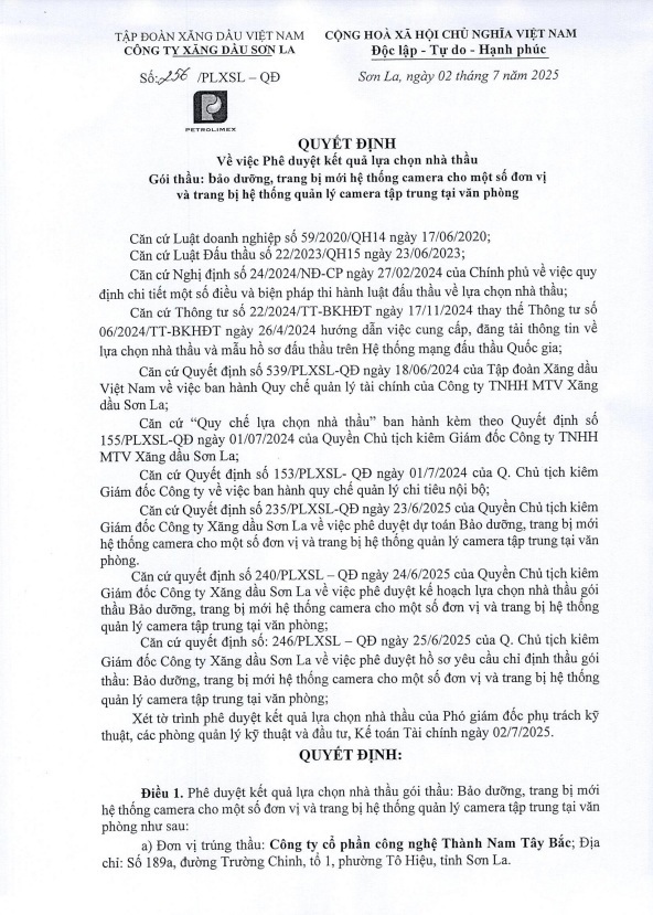 QĐ phê duyệt kết quả lựa chọn nhà thầu gói thầu: Bảo dưỡng, Trang bị mới hệ thống camera cho một số đơn bị trực thuộc